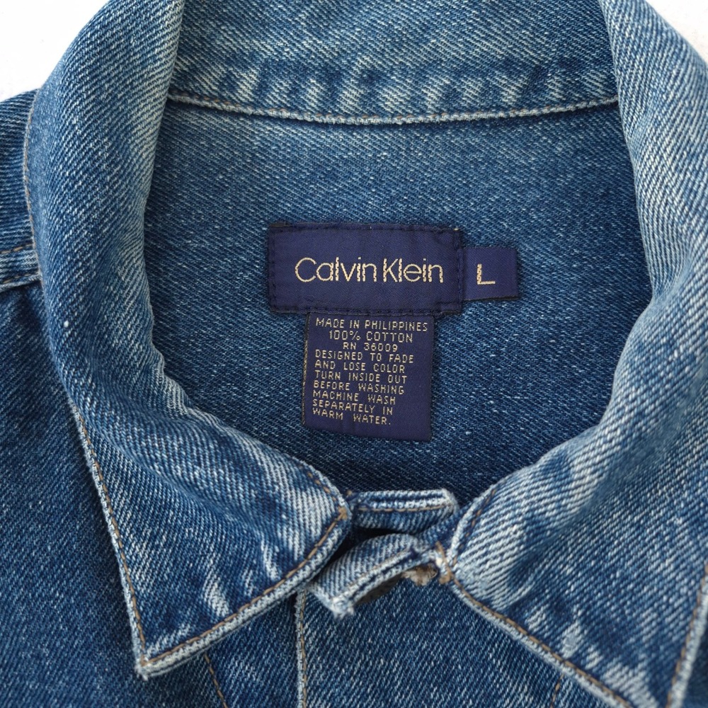 Calvin Klein Denim Jacket Blue L Harley Davidson Biker Trucker Vintage Patched - Picture 3 of 16